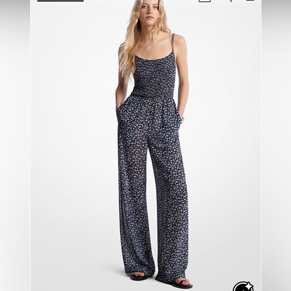 NEW! Michael Kors Floral Print Georgette Embellished Jumpsuit, Chambray, XL